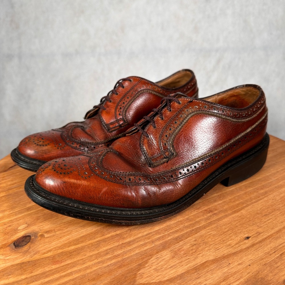 Vintage Wingtip Oxfords Mens 7.5 E Brown Good Pebbled Leather 60s Longwing USA